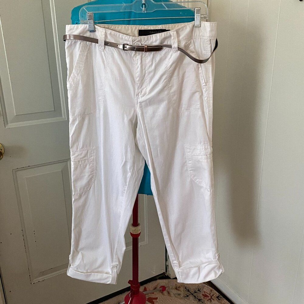 Calvin Klein Jeans White 100% Cotton Cargo Cuffed Pants Woman Size 12